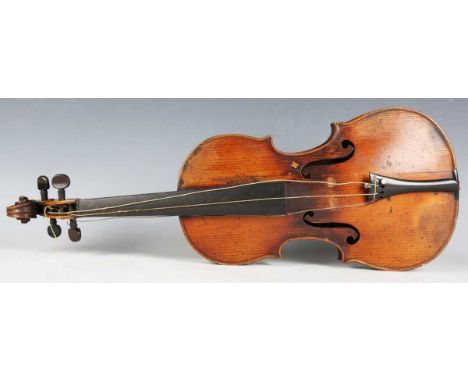 A violin with single-piece back, bearing label to interior indistinctly inscribed '...Paris 1779', length of back excluding b