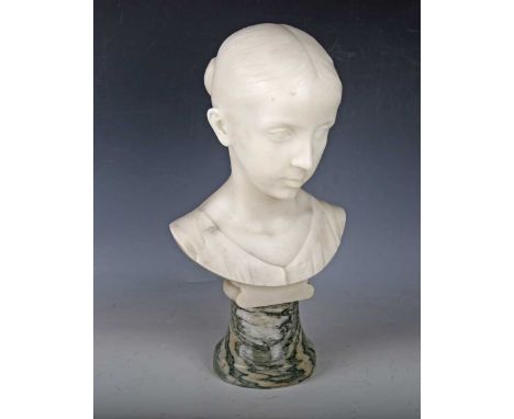 James Harvard Thomas - a late 19th century carved Carrara marble head and shoulders portrait of a young girl, bearing incised