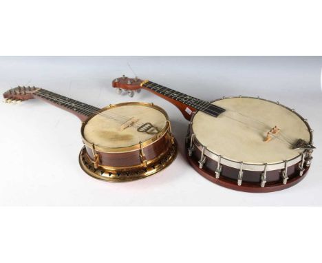 An early 20th century mandolin banjo, labelled 'Sunray', length 58cm, cased, together with another banjo, cased.
