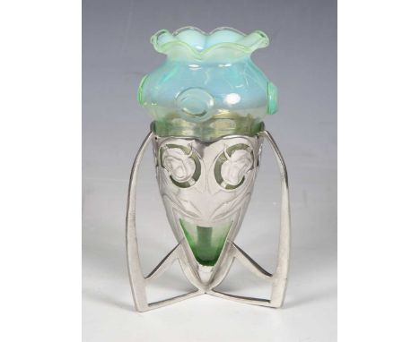 A Liberty &amp; Co 'Tudric' pewter vase and glass liner, designed by Archibald Knox, model number '0226', the vaseline glass 
