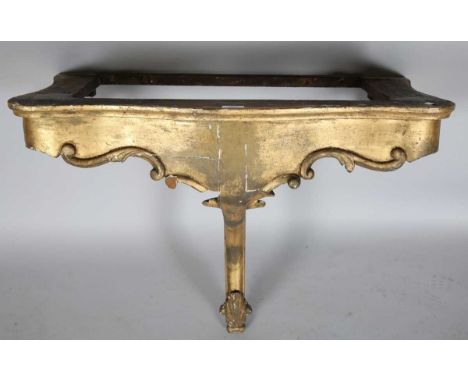 A late 19th century Continental giltwood serpentine front console table, height 65cm, width 81cm, depth 41cm (some faults and
