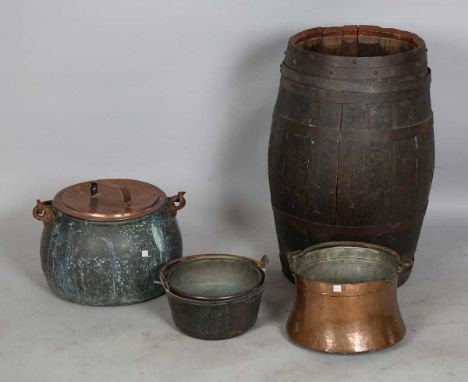 A large coopered oak barrel, height 68cm, two copper cooking pots, a preserve pan and a bowl.