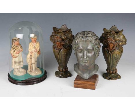 A pair of Art Nouveau painted spelter vases, height 25cm, a 20th century cast metal classical bust, a pair of porcelain figur