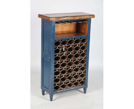 A modern blue painted hardwood wine storage rack with wrought iron mounted front, height 110cm, width 66cm, depth 30cm.