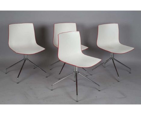 A set of four modern Arper 'Catifa 46' swivel chairs, designed by Lievore Altherr Molina, the white and red plastic shells on
