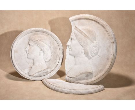 Margaret F. Foley, (north American 1820 ~ 1877), two sculpted white marble portrait relief roundels, circa 1863, the smaller 