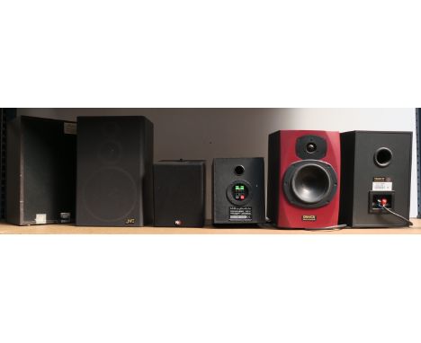 Three pairs of bookshelf speakers - JVC model SP, Wharfdale 30D6 and Tannoy Reveal in red (with speaker cable). (3)
