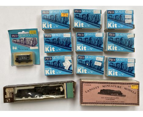 N gauge: Langley Miniature Models BR Standard Class 4 locomotive, Lima 454 locomotive and 10 Peco Quality Line wagons. All bo