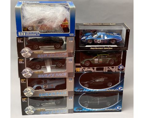 9 assorted 1/18 scale models cars: 4x Eagle's Race, 1x Universal Hobbies, 1x Shelby Collectibles Legend Series and 3x Solido.