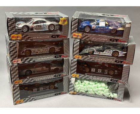 8 Maisto 1/18 scale GT Racing diecast model cars. All boxed.