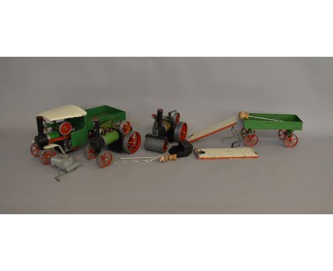 Live Steam. An unboxed Mamod Steam Lorry with matching Trailer in green together with a Road Roller and Traction Engine, both