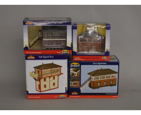 OO Gauge. 4 boxed Signal Box buildings from the Bachmann 'Scenecraft' range including 44-011X Truro Signal Box (exclusive for