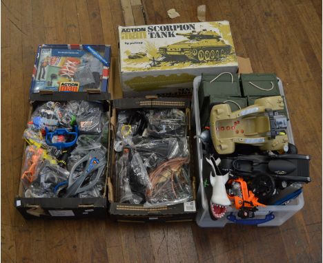 A vintage Action Man Scorpion Tank with box, together with a large quantity of modern vehicles and accessories, also includin