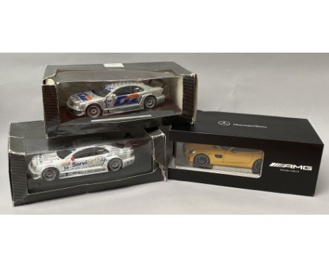 3 Mercedes Benz 1/18 scale diecast model cars including an AMG GT Coupe. All boxed (3)