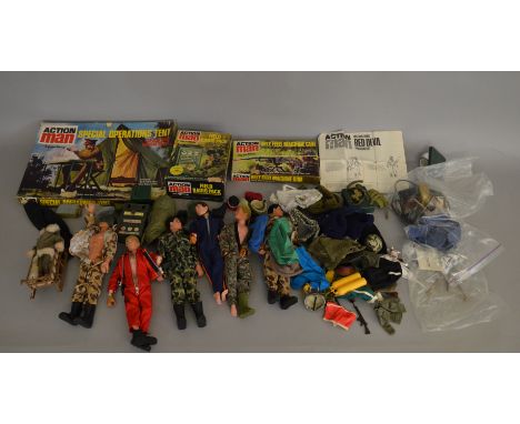 6 Vintage 1960's Action Man figures together with a quantity of clothes and accessories including boxed examples