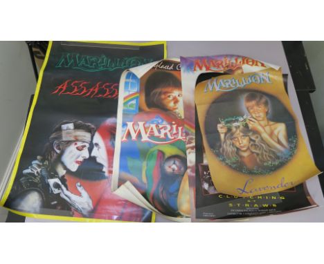Marillion promotional posters including Assassins (Rolled, Printed in England 1984, tear to edge), Lavender (fold marks), Clu