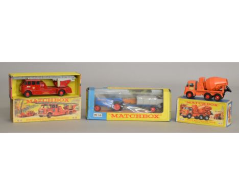 3x Vintage Boxed Matchbox King size models including #K-11 Fordson Tractor and trailer, K-15 Merryweather Fire Engine, K-13 R