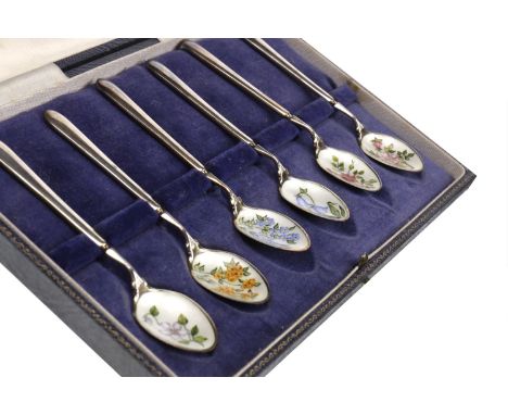 SET OF SIX SILVER AND FLORAL ENAMEL TEASPOONS, maker Cohen &amp; Charles, Birmingham 1966, each bowl enamelled with a differe