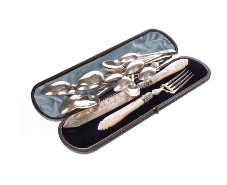 LATE VICTORIAN SILVER AND MOTHER OF PEARL SERVING KNIFE AND FORK, maker George Unite, Birmingham 1886, in fitted case, along 