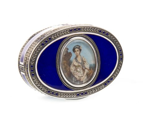 AUSTRO-HUNGARIAN SILVER GILT BOX, of oval form, the hinged cover inset with a portrait of a lady under glass, inlaid with dar