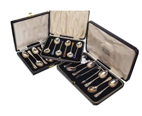 SET OF SIX ENAMELLED COFFEE SPOONS, maker William Hair Haseler, Birmingham 1937, 40g gross, in fitted case, along with a set 