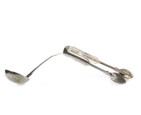 PAIR OF GEORGIAN SILVER SUGAR TONGS, makers mark rubbed, along with a Georgian Scottish silver sauce ladle, maker J W Howden 