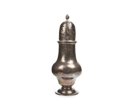GEORGE II SUGAR CASTER, maker Sam Wood, London 1744/5, of footed baluster form, pierced cover, wrythen bud finial, 20.5cm hig