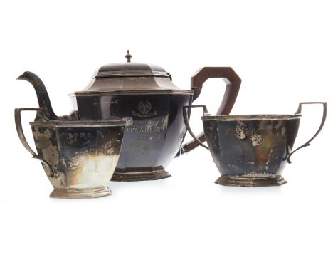 MID 20TH CENTURY SILVER THREE PIECE TEA SERVICE, maker Adie Brothers Ltd, Birmingham 1955, of octagonal form, comprising tea 