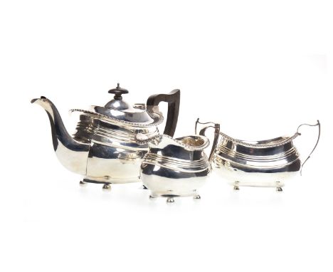 GEORGE V SILVER THREE PIECE TEA SERVICE, maker George Nathan &amp; Ridley Hayes, Birmingham 1915, comprising tea pot, sugar a