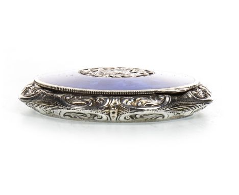 SMALL SILVER AND BLUE GUILLOCHE ENAMEL COMPACT, the hinged cover with pierced and bright cut central panel of flowers, interi