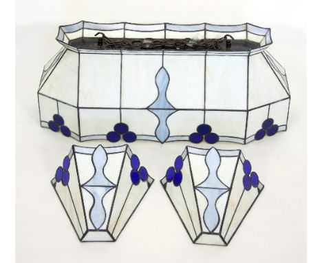 An Art Deco billiards table light fitting, together with a matching pair of wall lights, each with blue and white acrylic pan