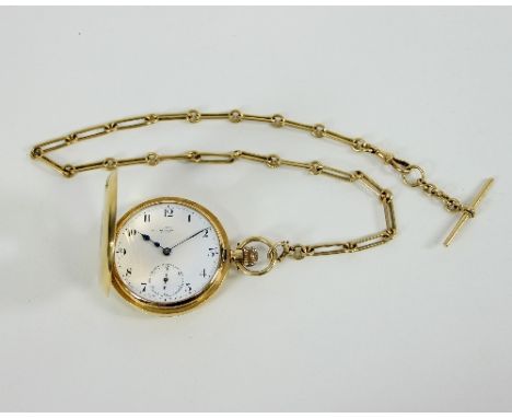 An 18ct gold half-hunter watch, the enamel dial with subsidiary seconds dial and a fine 18ct gold chain