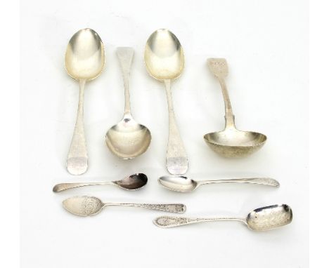 A set of three silver serving spoons, Sheffield 1911, a silver sauce ladle and a small quantity of teaspoons (some cased), ap