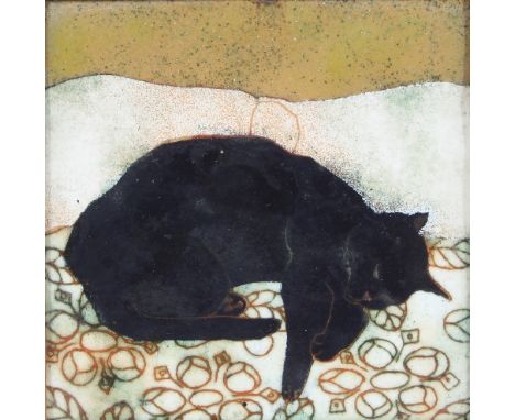 Beryl Turpin (British, 20th Century) /Sleeping Cat/enamel on copper, 19.5cm x 19.5cm Condition Report: Artist's Resale Rights