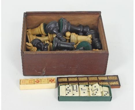 A Staunton type turned wood chess set (lacking one pawn), together with a cribbage board, a set of dominoes and various other