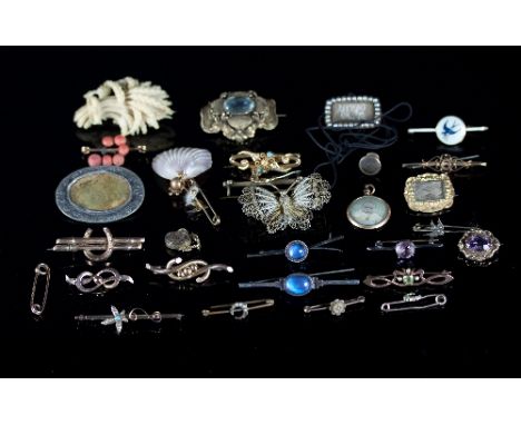 A small quantity of various gold and other bar brooches to include a Victorian filigree example, an enamel and silver example