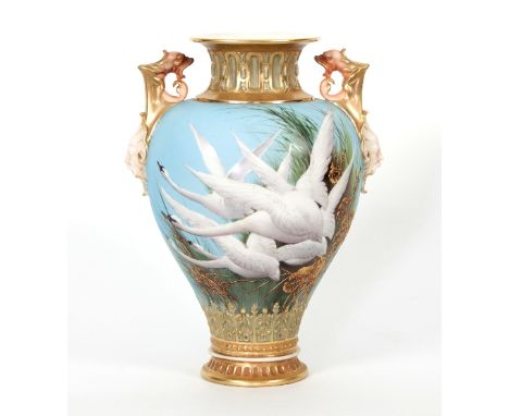 A Royal Worcester vase by Charles Henry Clifford Baldwyn (1843-1913), circa 1903, shape number 1553, painted with flying swan
