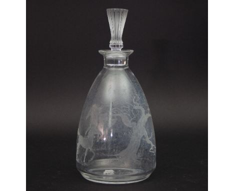 Anne Dybka for Lalique/A glass decanter and stopper, engraved mare, foal and ancient oak, signed, 25.5cm high