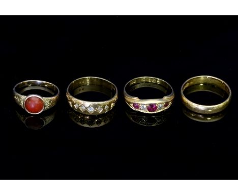 A five-stone diamond ring, the gypsy set stones to an 18ct gold band, ring size O, a ruby and diamond five-stone ring set in 
