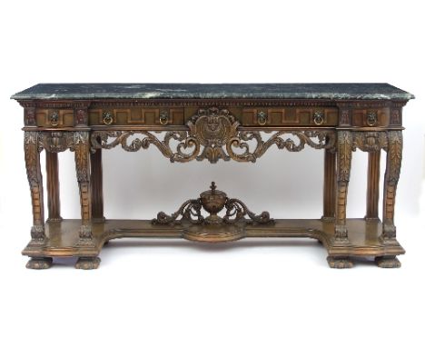 A Continental console table, the green variegated marble top with moulded border and serpentine ends, fitted three frieze dra