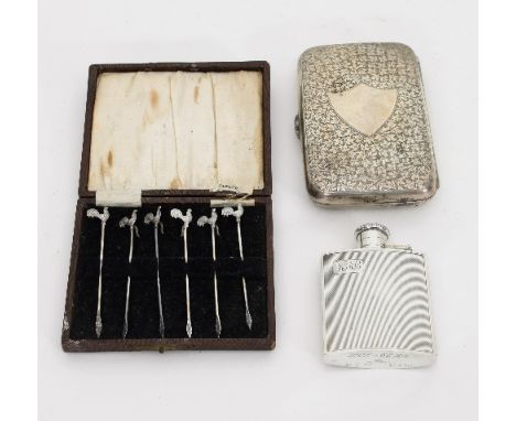 A Victorian silver cheroot case, George Unite, London 1873, 12cm wide, a silver hip flask, Birmingham 1951, with engraved ins