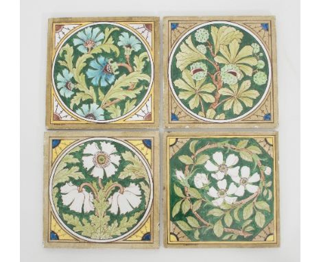 J Brooke for Minton/A set of four ceramic tiles, each painted in the Aesthetic style with floral sprays, each signed and date