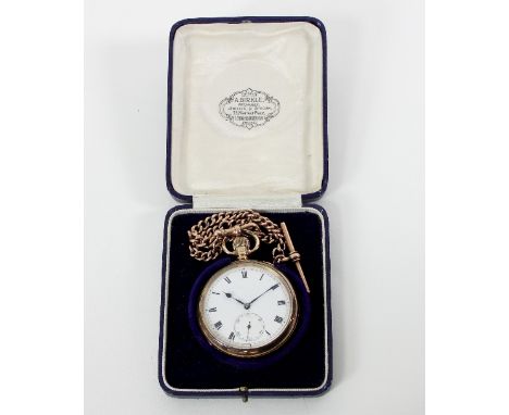 A 9ct gold cased open-faced pocket watch, the white enamel dial with Roman numerals and subsidiary seconds dial on a 9ct gold