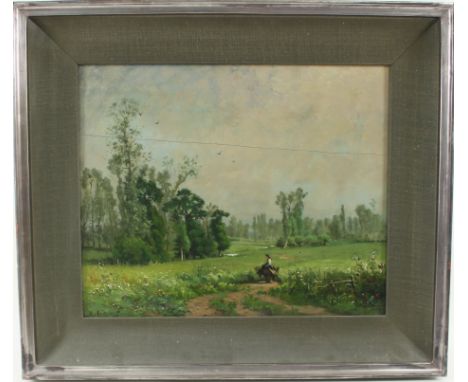 R Fontaine/Girl and Donkey in a Landscape/signed/oil on panel, 36cm x 45cm