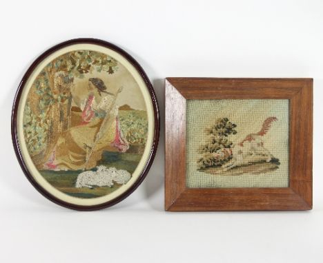 A Georgian silkwork picture, depicting Clorinda inscribing Tancred on a tree trunk, oval, 30cm x 24.5cm and a small woolwork 