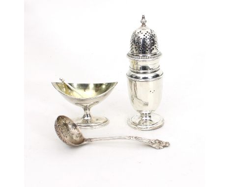 An Irish silver pedestal salt, R B, Dublin 1798, of navette form on an oval base, 10.5cm wide, a Victorian sifter spoon with 
