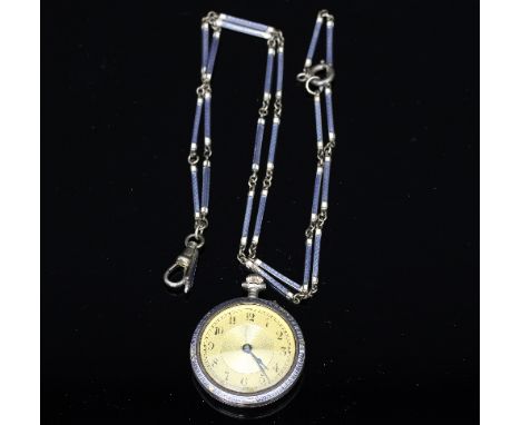 A lady's silver and enamelled open-faced fob watch, the circular gilt dial with Arabic numerals, the case bearing import mark