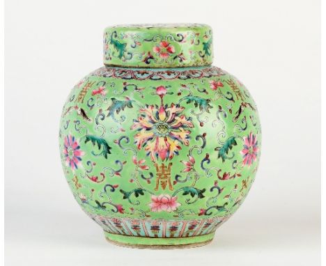 A Chinese ginger jar and cover, enamelled decoration of fish and flowers on a lime ground, seal mark under base, (cover resto