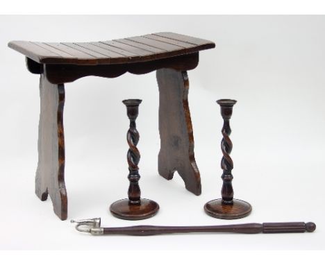 A pair of wooden candlesticks with twisted stems, a candle snuffer and a 'Webber Furniture' oak stool