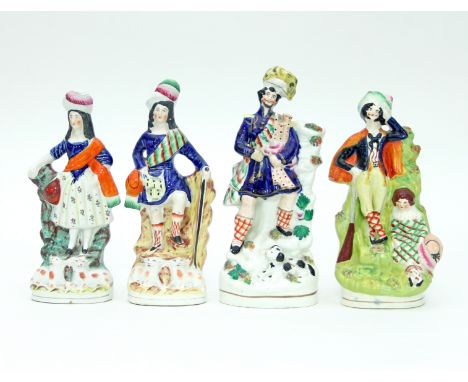 Various Staffordshire figures, including a Scotsman playing the bagpipes, another Scottish figure with a pair of lambs at her